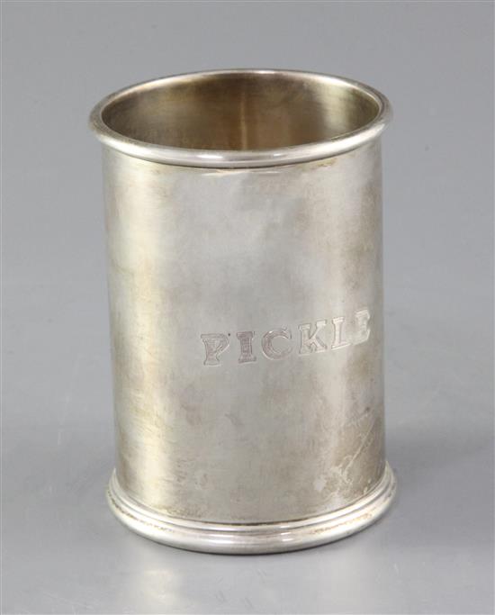 A modern Theo Fennell silver cylindrical pickle jar holder and lid, 6.3oz.